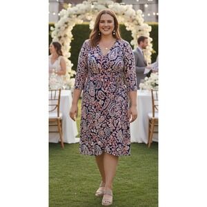 Kasper Navy Pink Paisley Gathered Waist Faux Wrap Dress Washable Womens Sz 3X